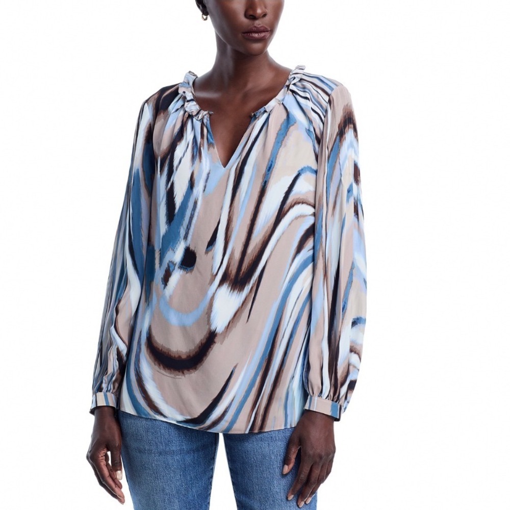 BOSS Belanya Wavy Print Top Blue Tan Abstract‎ Ruffle Split Neck Blouse 4 NEW